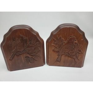 Set Of Two Hand Carved Bookends Wood Bird Flower Metal Base Vintage
